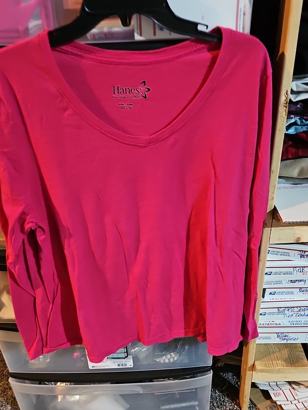 Hanes Women's Long Sleeve V-Neck Tee - Hot Pink